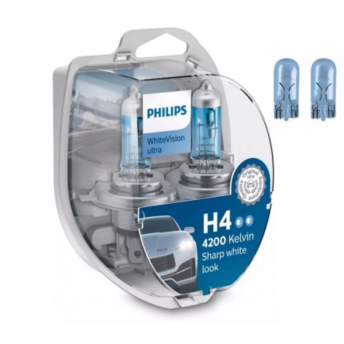 PHILIPS żarówki H4 12V WHITE VISION ULTRA 4200K + 2 sztuki W5W